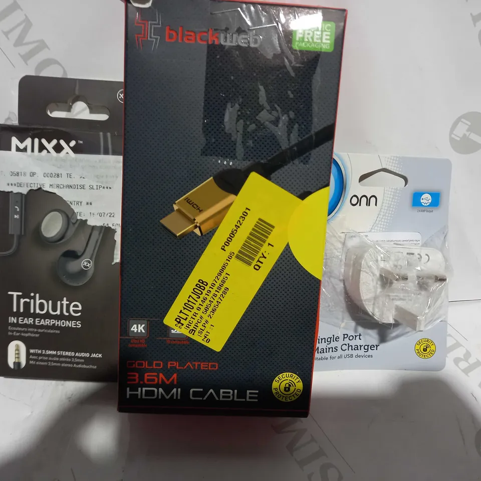 LOT OF APPROXIMATELY 10 ASSORTED HOUSEHOLD ITEMS TO INCLUDE MIXX TRIBUTE IN EAR HEADPHONES, BLACKWEB HDMI CABLE, ONN SINGLE PORT MAINS CHARGER, ETC