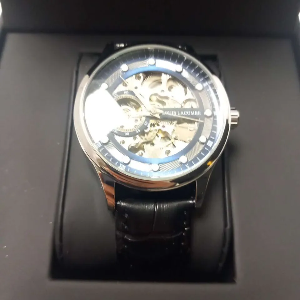 MENS LOUIS LACOMBE AUTOMATIC WATCH – SKELETON DIAL – GLASS EXHIBITION BACK CASE – LEATHER STRAP – GIFT BOX – EST £380