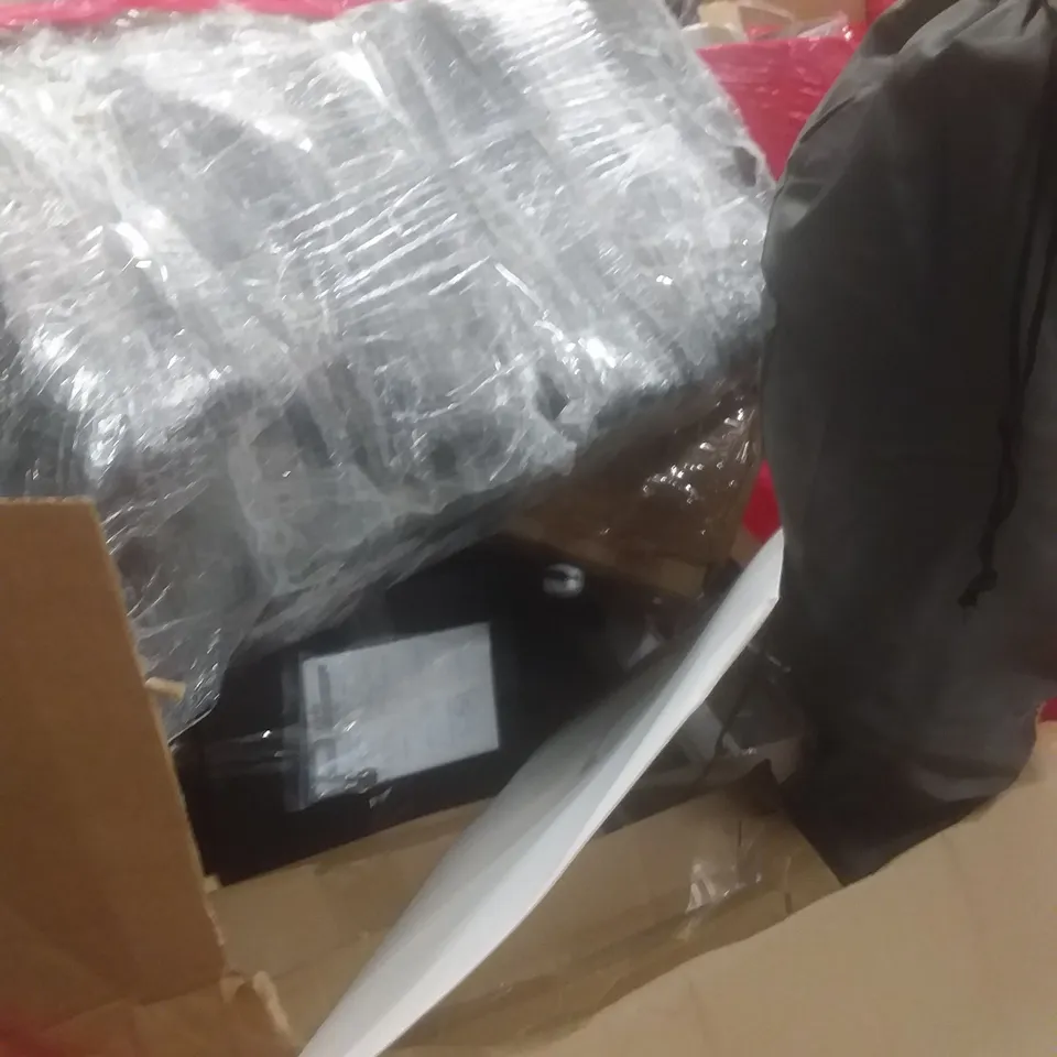 PALLET OF ASSORTED HOUSEHOLD PRODUCTS AND ITEMS, INCLUDING; SAFE, COWGIRL HAT, KNITTING MACHINE, GOLF TRAINING NET, KITCHEN FAUCET, COMPUTER MONITOR ETC