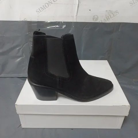 BOXED PAIR OF BLACK SUEDE ANKLE BOOTS SIZE 36