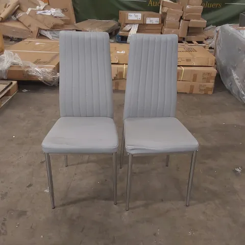 PAIR OF LEON DINING CHAIRS, LIGHT GREY CLASSIC FAUX LEATHER & CHROME