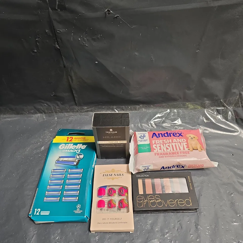 APPROXIMATEY 20 ASSORTED HEALTH AND BEAUTY PRODUCTS TO INCLUDE - ANDREX TOILET WIPES - MILANO EASY FILL PERFUME SPRAY AND GILLETTE MACH3 REPLACEMENT BLADES