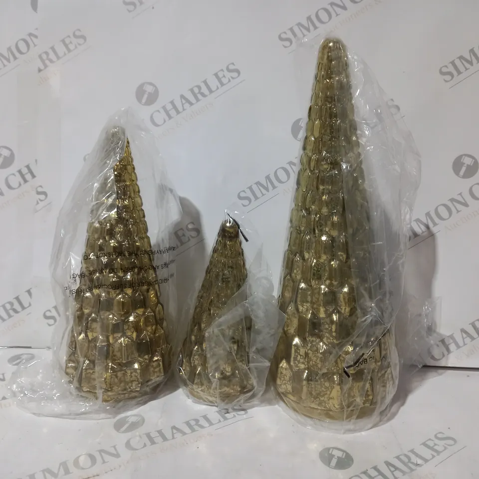 BOXED ALISON CORK SET OF 3 MERCURY GLASS TREES IN ANTIQUE GOLD