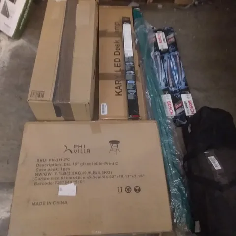 PALLET OF ASSORTED ITEMS INCLUDING BOSCH AEROTWIN, PHI VILLA GLASS TABLE, KARY LED DESK LAMP, MICHELANGELO AIR FRYER OVEN, ELECTRIC FAT FRYER, POWER TWIST