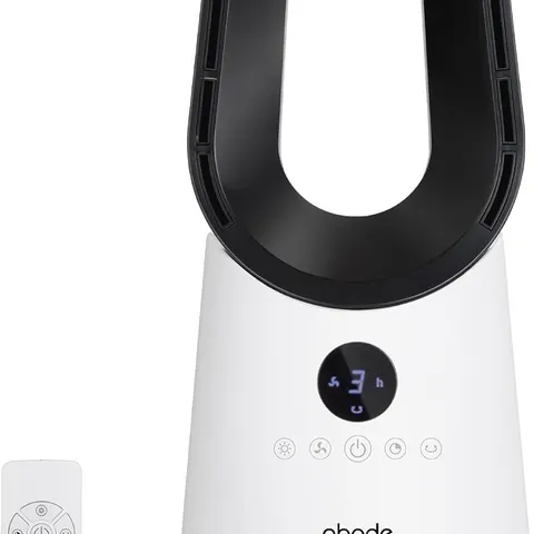 BOXED ABODE BLADELESS COOLING FAN IN WHITE WITH 3 SPEED SETTINGS, TOUCH CONTROL BUTTONS, LED DISPLAY WITH REMOTE, 75Β° OSCILLATION FUNCTION, 9-HOUR TIMER, BASE LIGHTING FEATURE, ABLDL1001