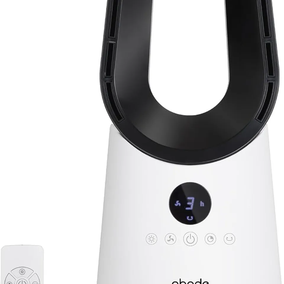 BOXED ABODE BLADELESS COOLING FAN IN WHITE WITH 3 SPEED SETTINGS, TOUCH CONTROL BUTTONS, LED DISPLAY WITH REMOTE, 75° OSCILLATION FUNCTION, 9-HOUR TIMER, BASE LIGHTING FEATURE, ABLDL1001