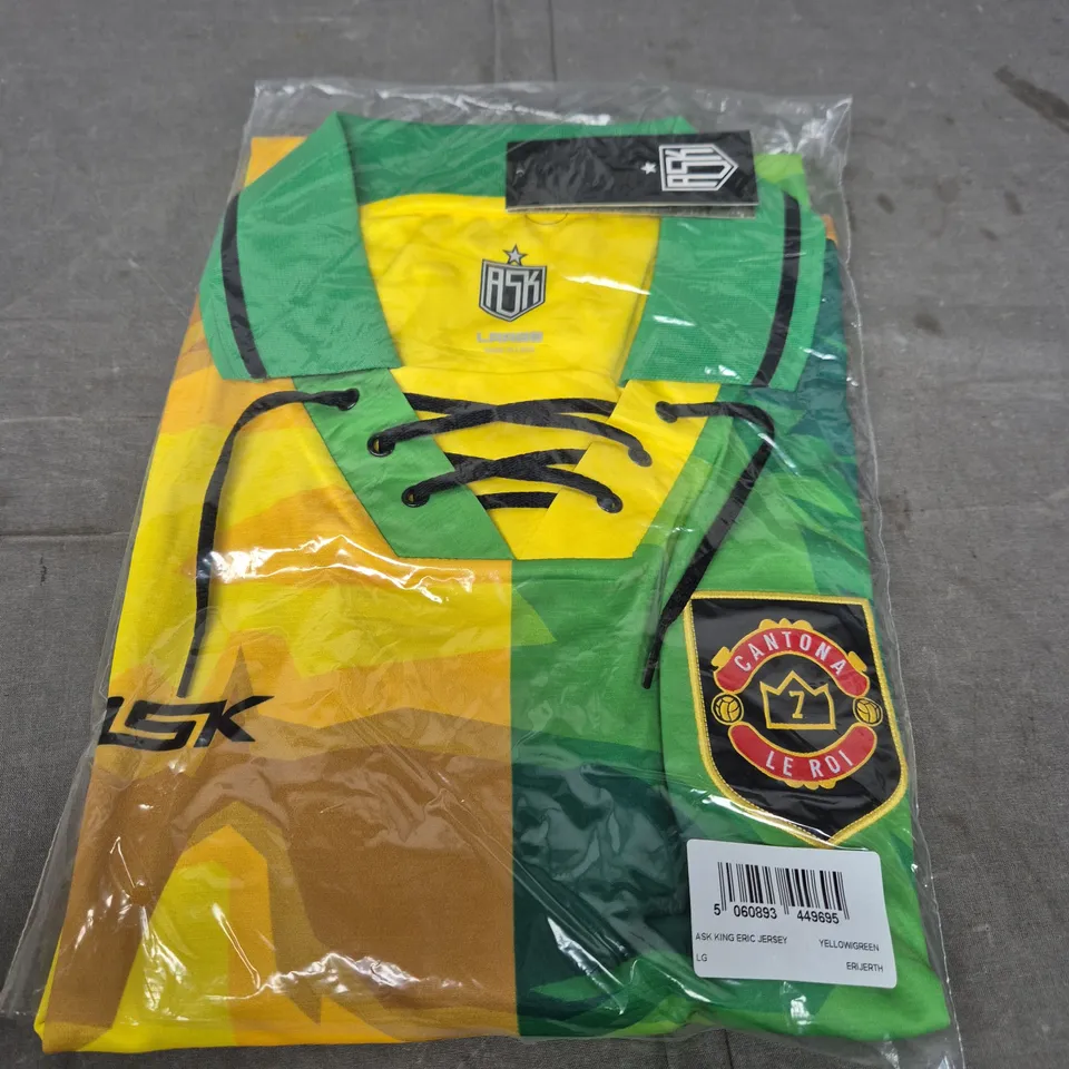ERIC CANTONA JERSEY – GREEN & YELLOW, UK SIZE L (LG)