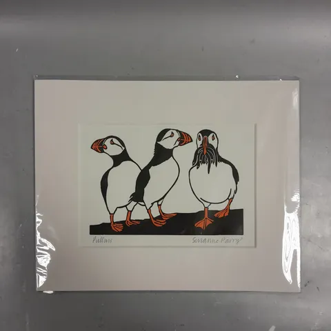 SIGNED SUZANNE PARRY PUFFINS LINO PRINT