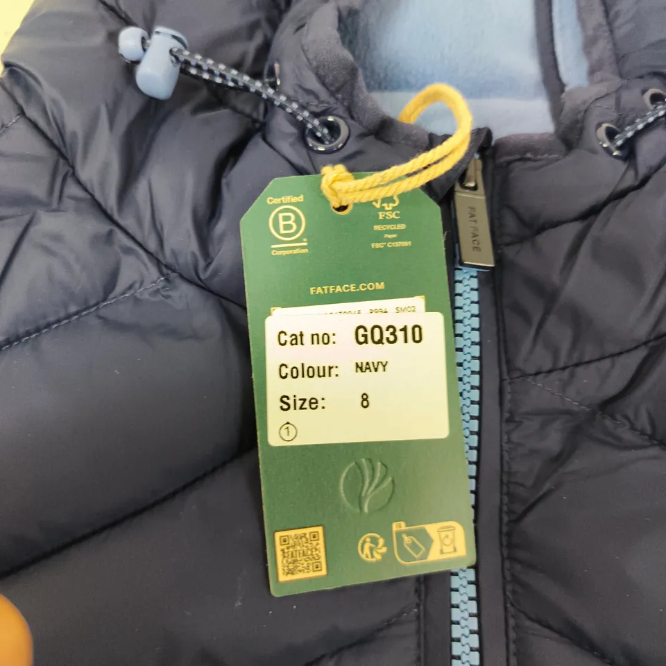 FATFACE NAVY PUFFER JACKET - WOMEN'S, UK 8 MINOR DEFECT