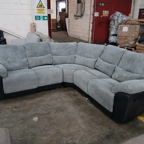 DESIGNER BLACK FAUX LEATHER AND GREY CORDED FABRIC MANUAL RECLINING CORNER SOFA