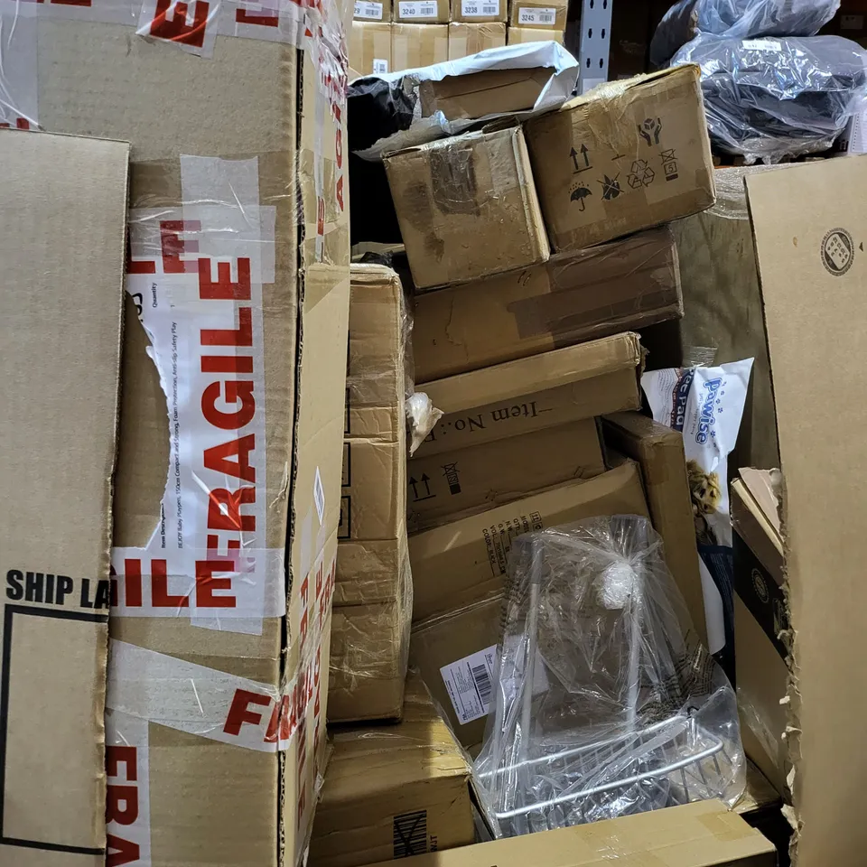 PALLET OF A SIGNIFICANT QUANTITY OF ASSORTED ITEMS TO INCLUDE SLX SATELLITE SPEAKER STAND PAIR, ORTHOPEDIC BRACES, MY WORLD I POSTERS, BAGGED AND ROLLED COT MATTRESS, ETC