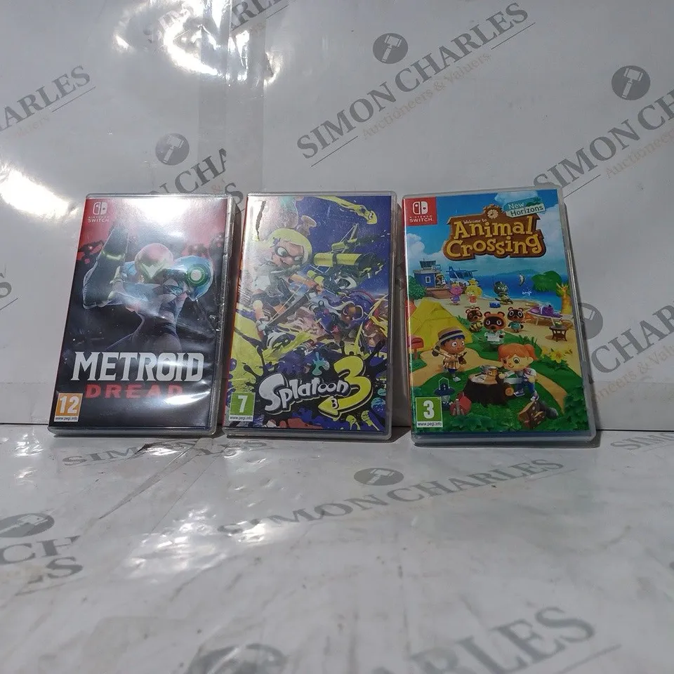 3 ASSORTED NITENDO SWITCH GAMES TO INCLUDE: METROID DREAD,SPLATOON 3 & ANIMAL CROSSING