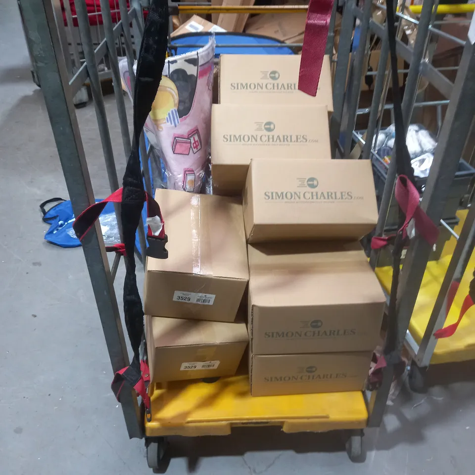 CAGE OF APPROXIMATELY 11 ASSORTED ITEMS TO INCLUDE HD VIDEO CONVERTER AND A BRASS LIGHT FITTING WITH GLASS SHADE - COLLECTION ONLY