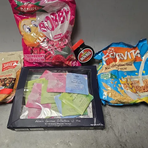 APPROXIMATELY 9 ASSORTED FOOD & DRINK ITEMS TO INCLUDE - BEEFY BOVRIL , BOBBY STRAWBERRY BUBBLEGUM ETC
