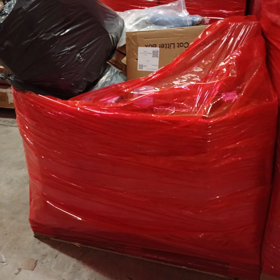 PALLET OF ASSORTED HOUSEHOLD GOODS AND PRODUCTS TO INCLUDE;EASY RISER SLING, AUTOMATIC CAT LITTER BOX, FISHING ROD