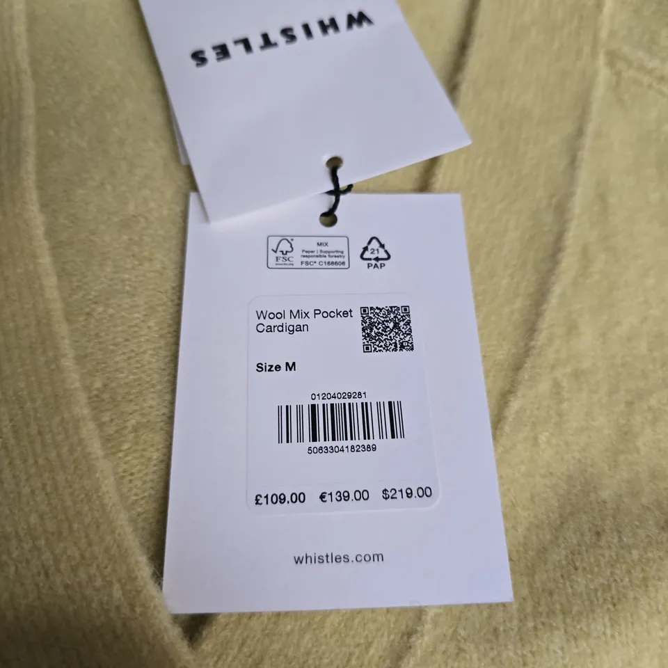 WHISTLES WOOL MIX POCKET CARDIGAN IN YELLOW - M