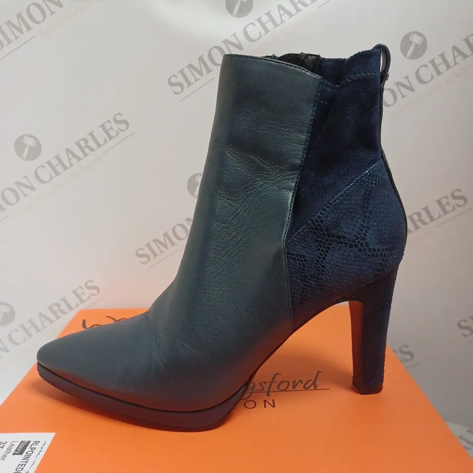 BOXED RUTH LANGSFORD PLATFORM LEATHER ANKLE BOOTS, NAVY - SIZE 4 