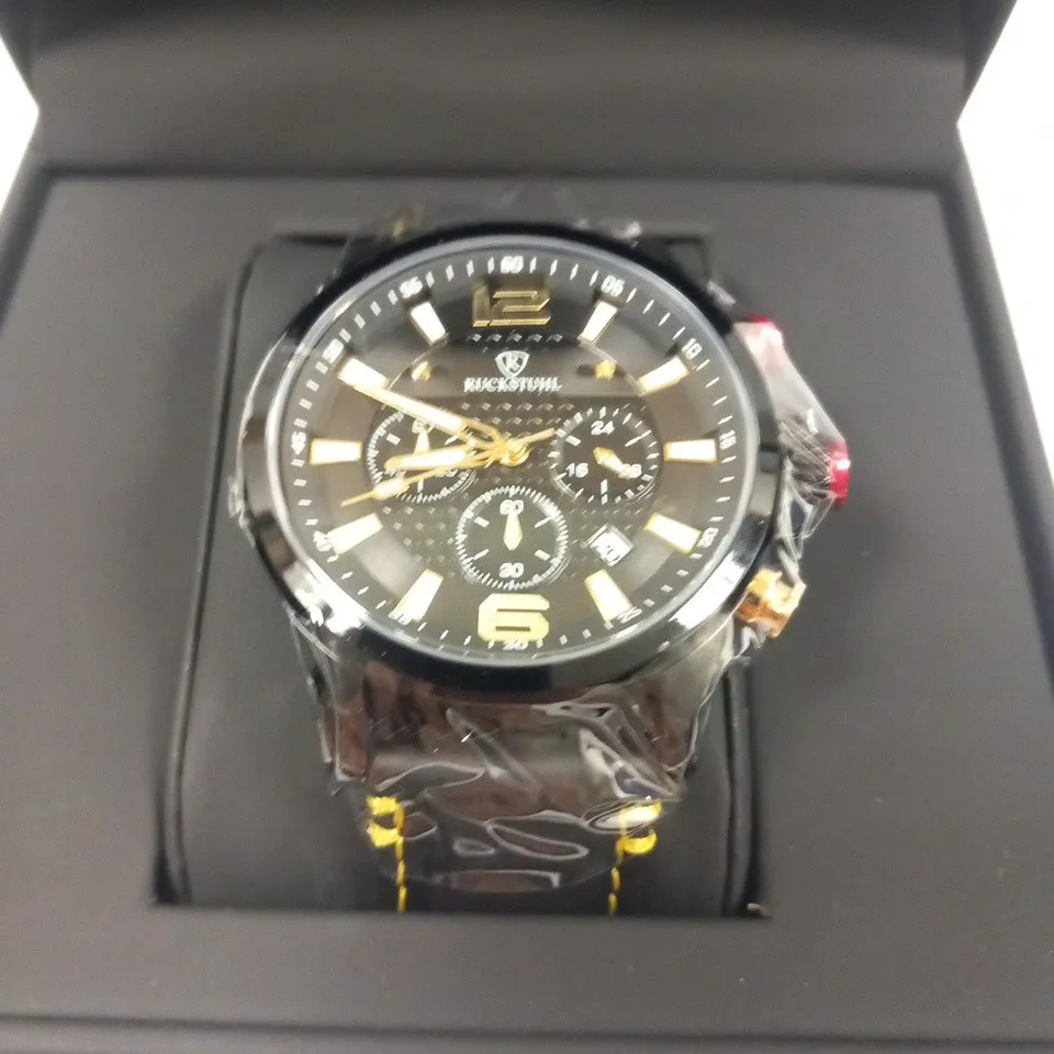 MEN’S RUCKSTUHL CHRONOGRAPH WATCH – MODEL R120 – BLACK MULTI-FUNCTION DIAL – BLACK GENUINE LEATHER STRAP – 3ATM WATER RESISTANT