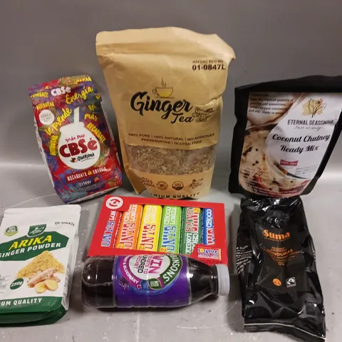 APPROXIMATELY 10 ASSORTED FOOD/DRINK PRODUCTS TO INCLUDE TONY'S CHOCOLATE, SUMA COFFEE, ARIKA GINGER POWDER ETC