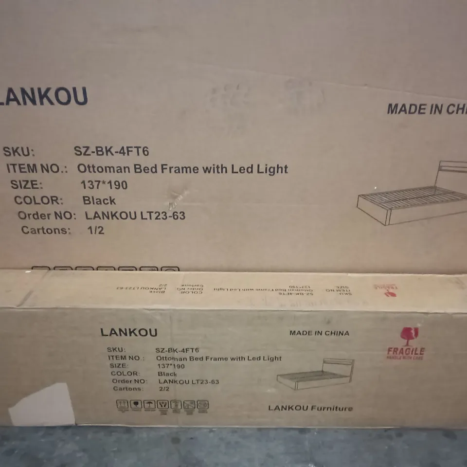 BOXED OTTOMAN BED FRAME WITH LED LIGHTS IN BLACK - 2 BOXES