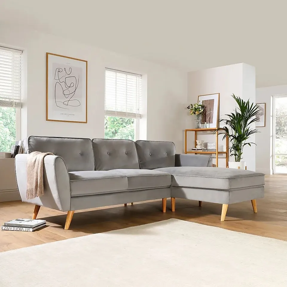 BOXED HARLOW GREY VELVET L SHAPE CORNER SOFA(2 boxes)