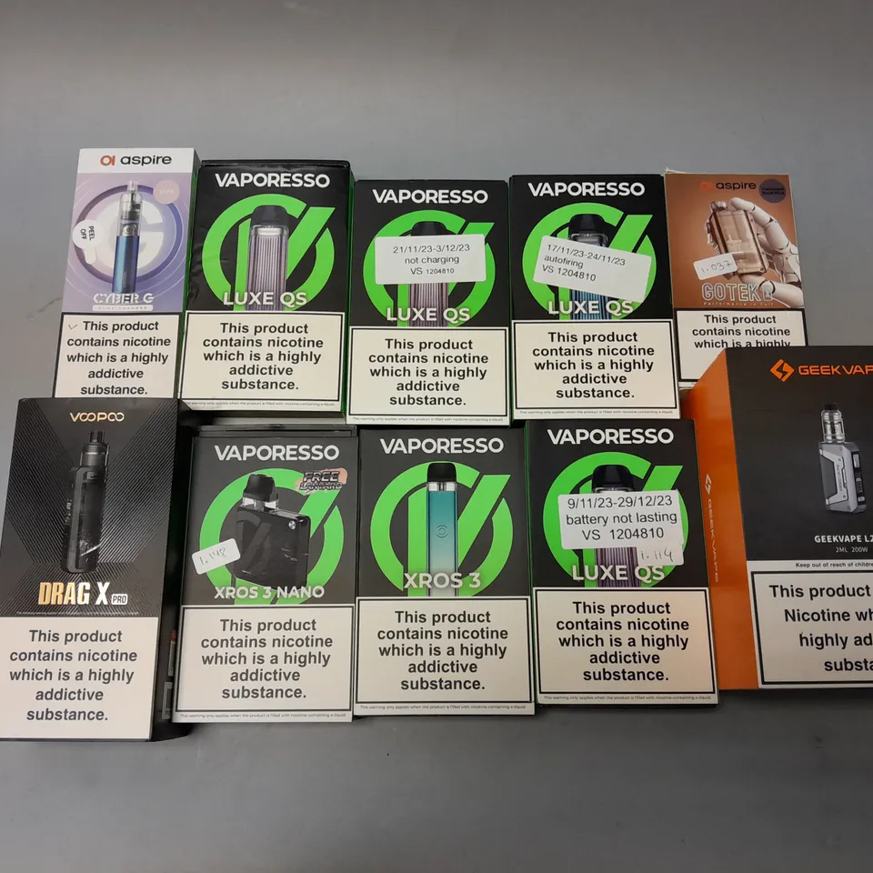 APPROXIMATELY 10 ASSORTED E-CIGS & VAPES TO INCLUDE GEEKVAPE L200, VAPORESSO LUXE QS, ASPIRE CYBER G, ETC