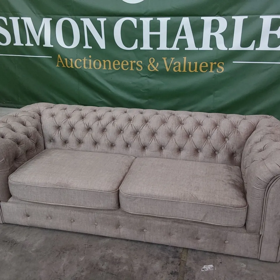 DESIGNER THREE SEATER CHESTERFIELD SOFA PLUSH FAWN FABRIC 
