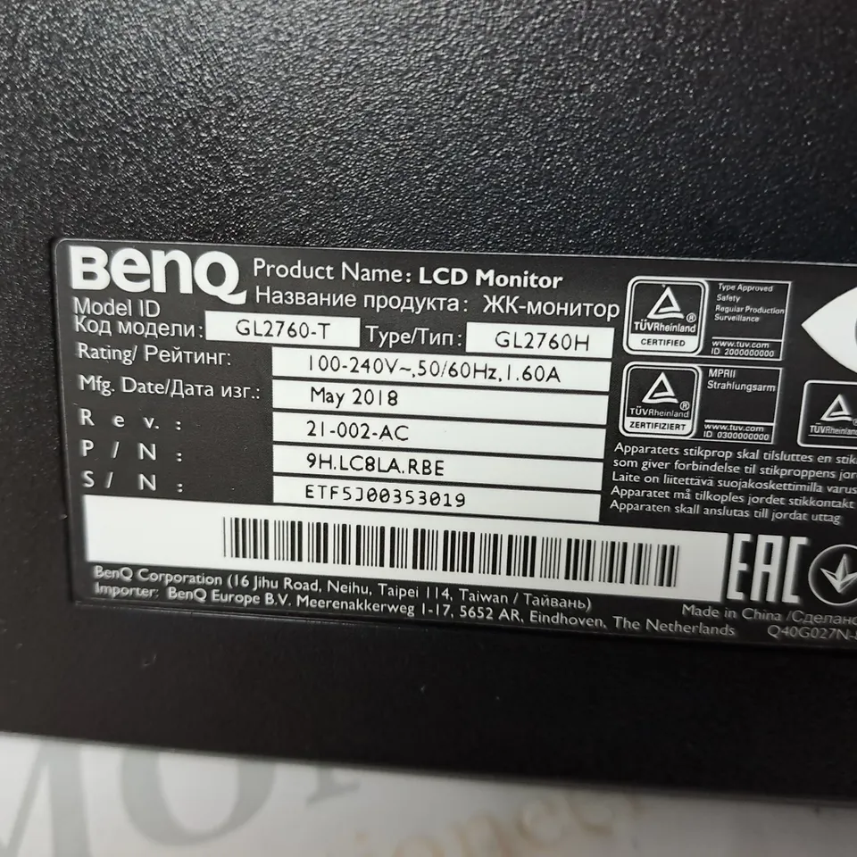 BENQ LCD MONITOR MODEL GL2760H SERIAL #ETF5J00353019