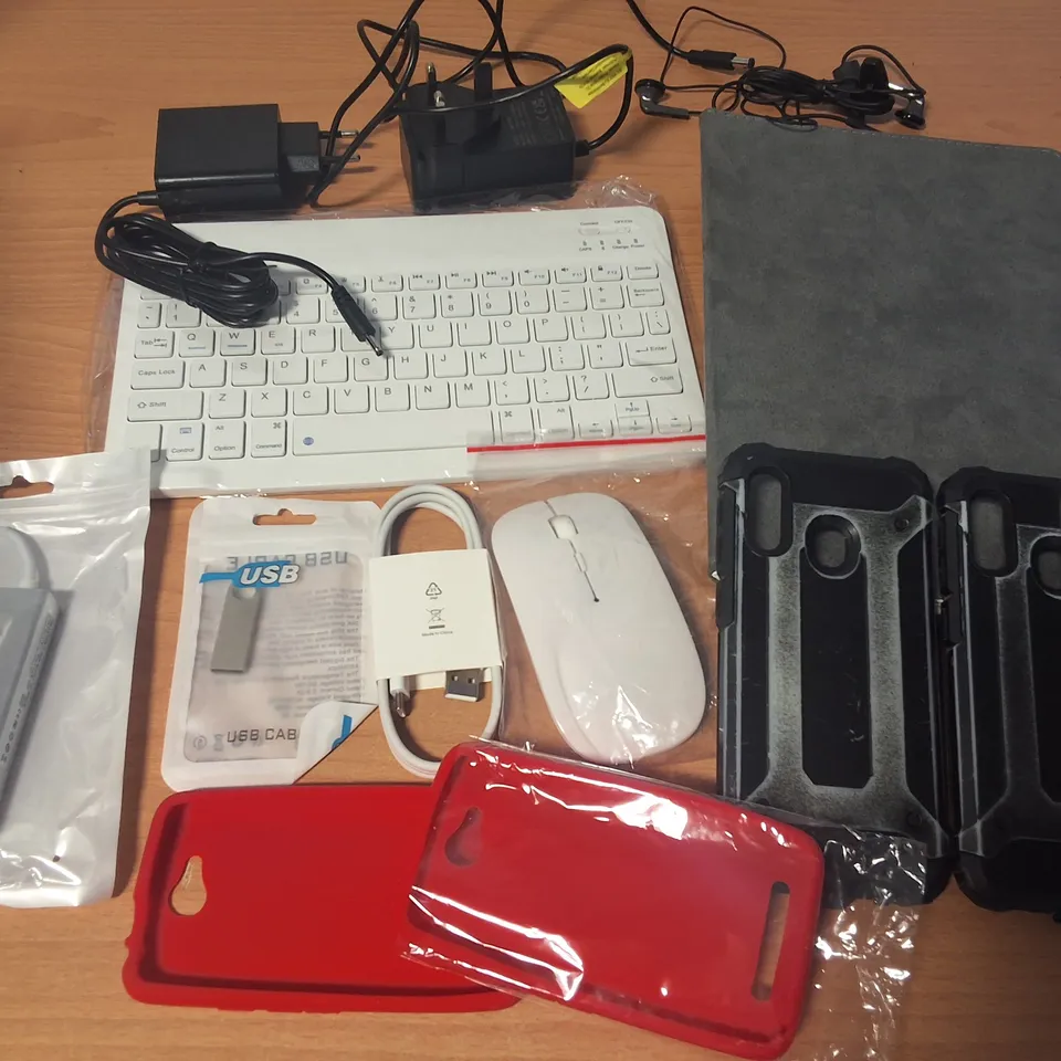 LOT OF ASSORTED MOBILE PHONE ACCESSORIES TO INCLUDE CABLES, CHARGERS CASES AND ETHERNET HUB