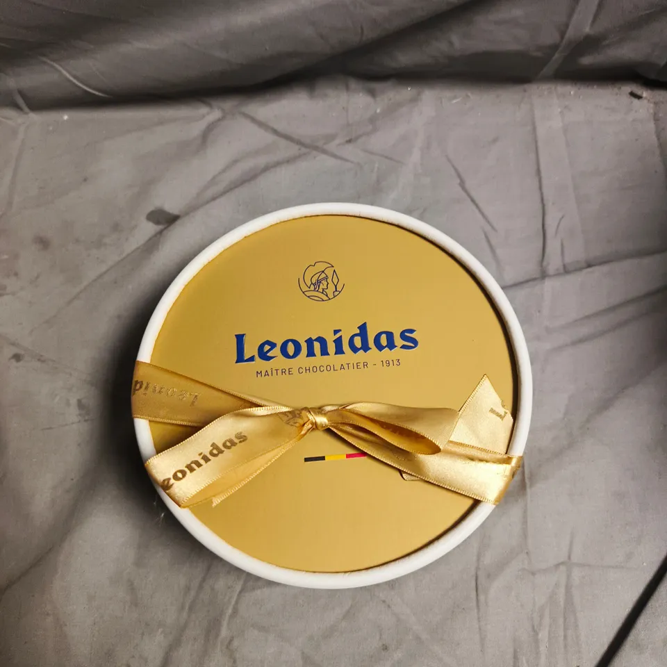 LEONIDAS CHOCOLATES ROUND GIFT TIN – GOLD LID, RIBBON