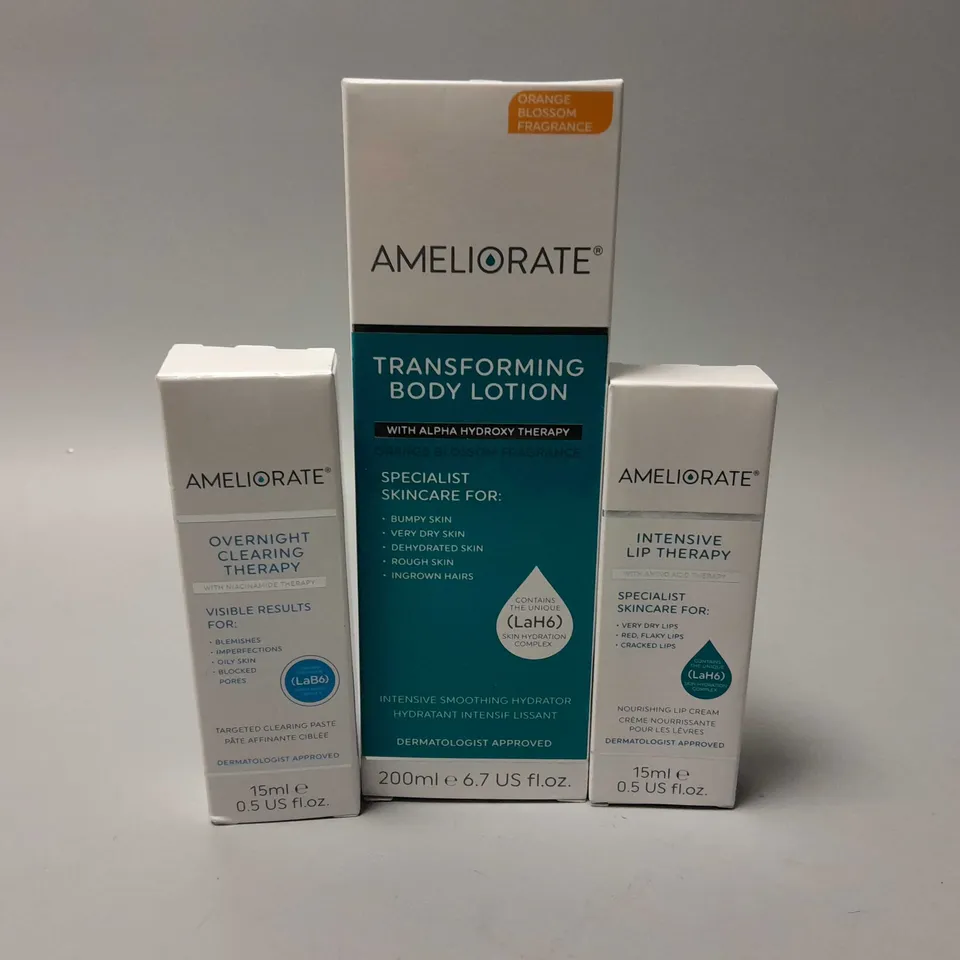 3 BOXED AMELIORATE PRODUCTS TO INCLUDE TRANSFORMING BODY LOTION (200ml), OVERNIGHT CLEARING THERAPY (15ml), INTENSIVE LIP THERAPY (15ml)