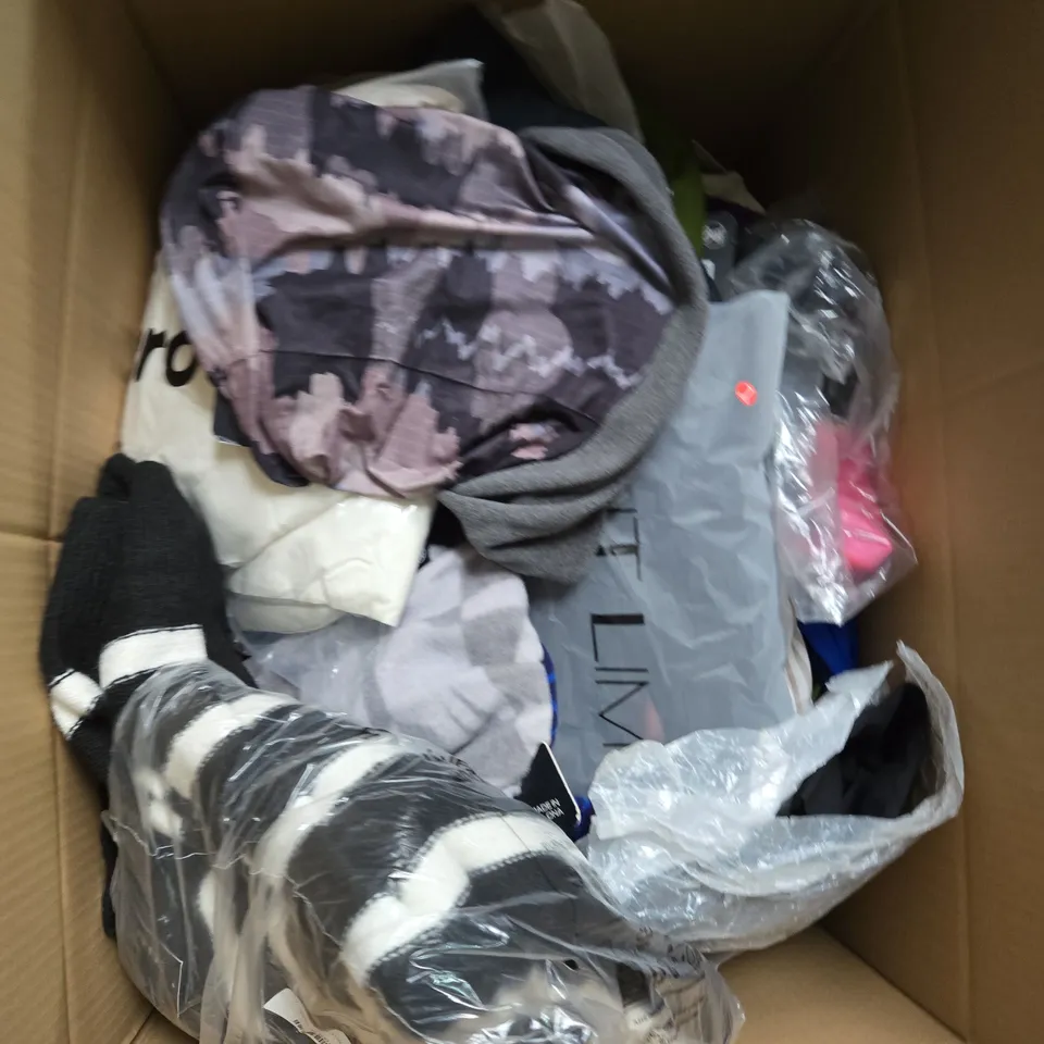 LARGE BOX OF ASSORTED CLOTHING ITEMS IN VARIOUS SIZES, STYLES AND COLOUR 