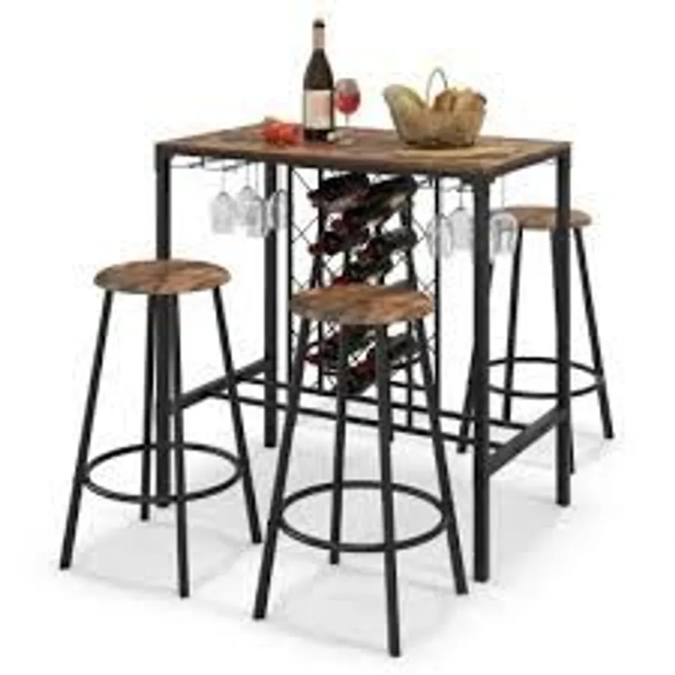 BOXED COSTWAY 5 PIECES BAR TABLE AND STOOLS SET WINE RACK AND GLASS HOLDER RUSTIC