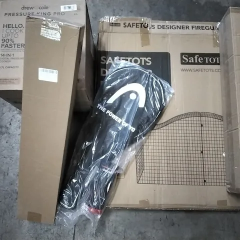 PALLET OF HOUSEHOLD ITEMS TO INCLUDE TENNIS RACKETS, PRESSURE COOKER, BOW AND ARROWS AND PHOTO STUDIO CARRYING TROLLEY ECT