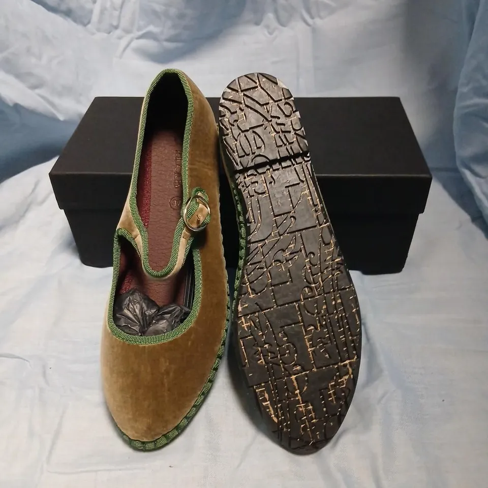 FLABELUS EYRE SHOES – WOMEN'S BROWN SUEDE WITH GREEN TRIM, UK 4 (EU 37), HANDMADE IN SPAIN