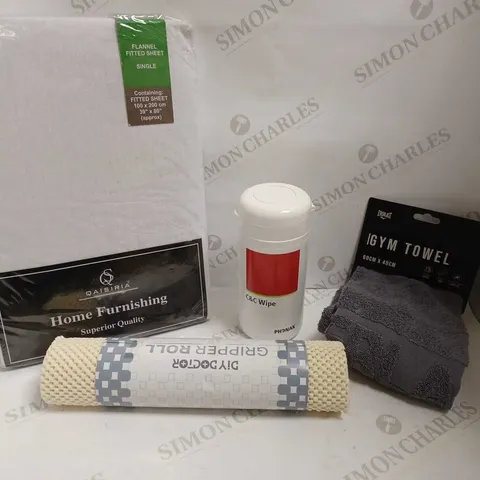 BOX OF APPROX 6 ITEMS TO INCLUDE FLANNEL FITTED SHEET, GRIPPER ROLL AND GYM TOWEL