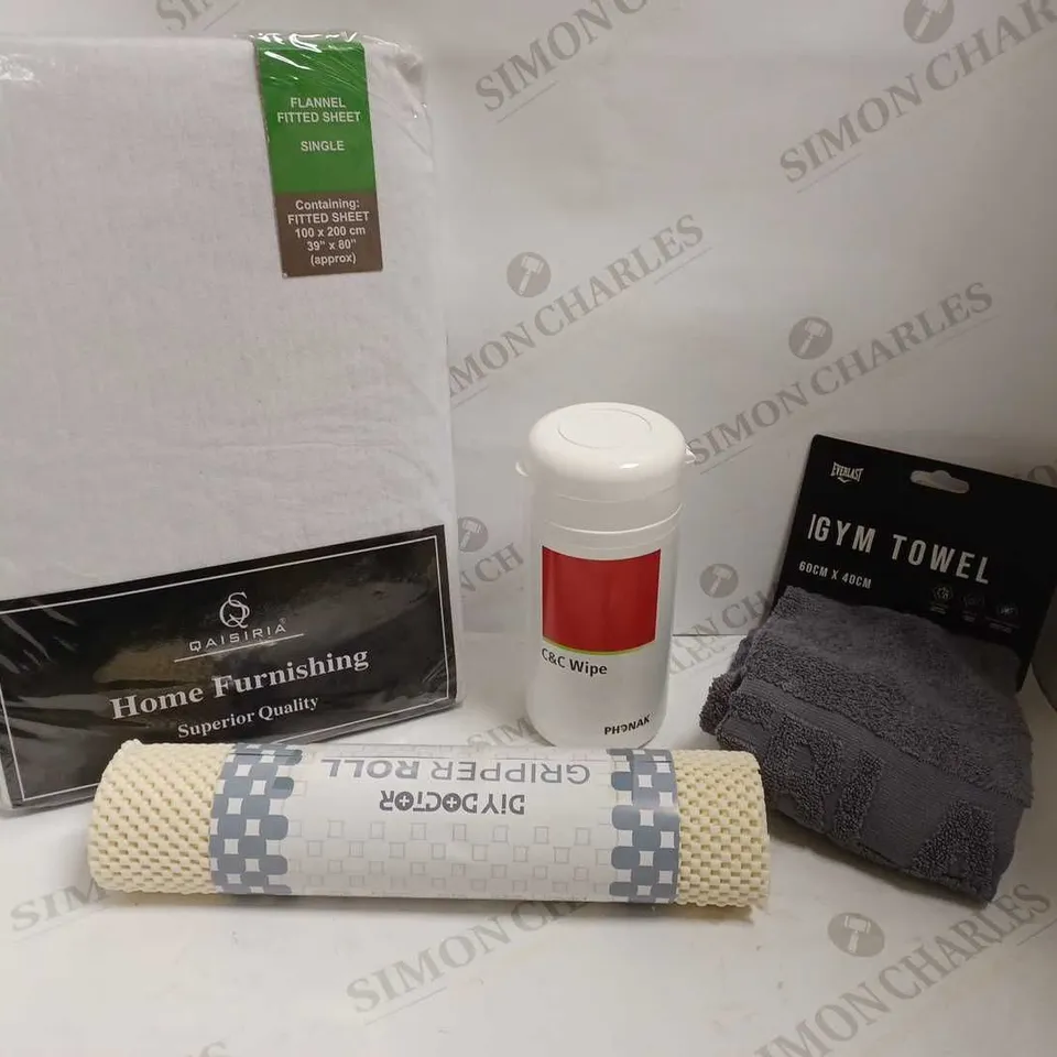 BOX OF APPROX 6 ITEMS TO INCLUDE FLANNEL FITTED SHEET, GRIPPER ROLL AND GYM TOWEL