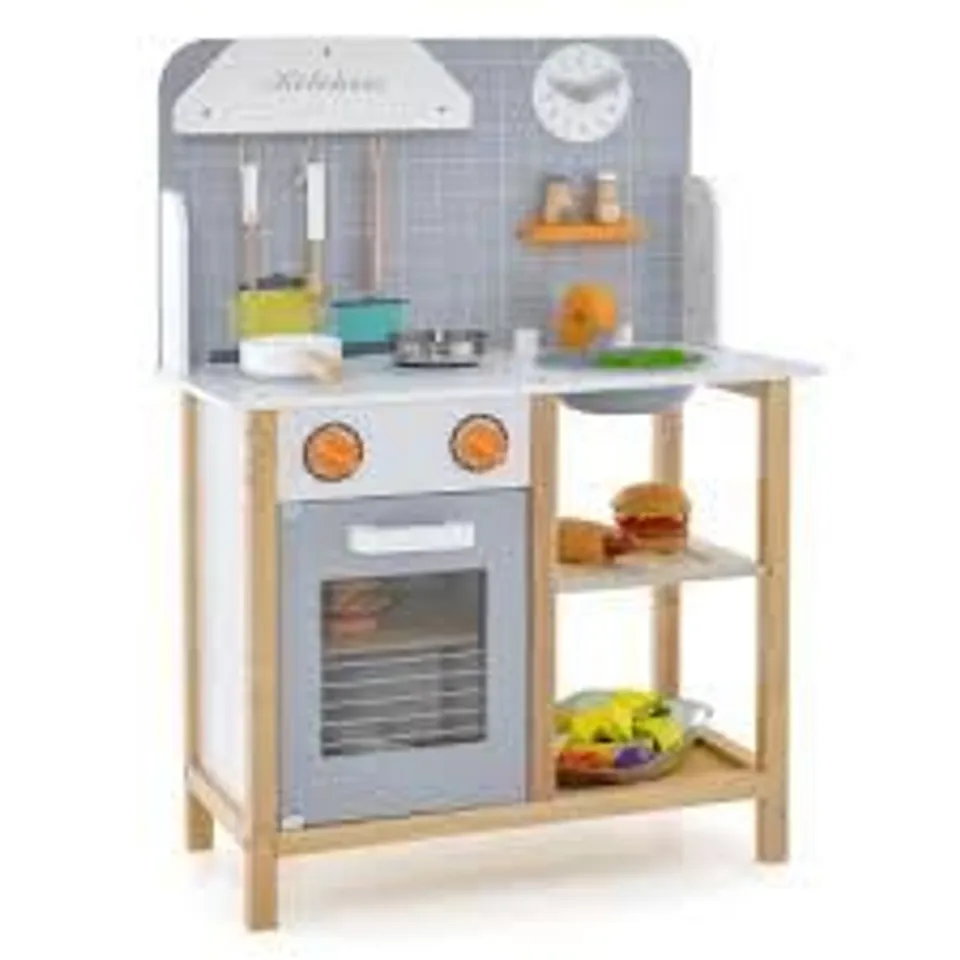 BOXED COSTWAY WOODEN KID'S PLAY KITCHEN SET WITH COOKWARE ACCESSORIES - GREY