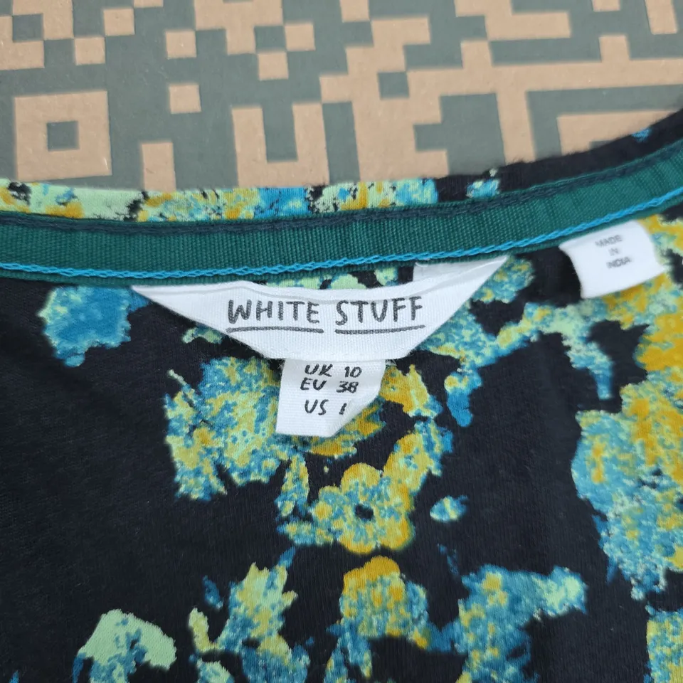 WHITE STUFF FLORAL PRINT DRESS – UK 10 (EU 38), BLACK WITH BLUE/YELLOW FLORALS