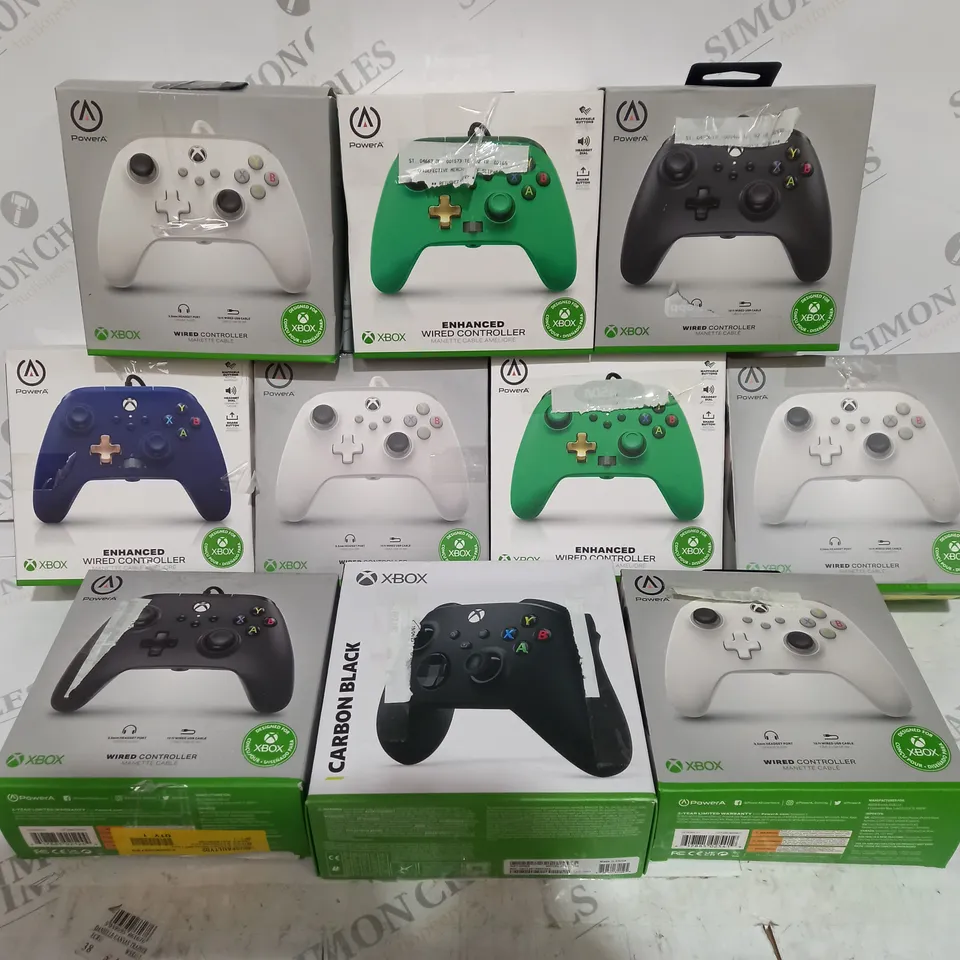 10 BOXED XBOX CONTROLLERS INCLUDING BLUE WHITE GREEN AND BLACK