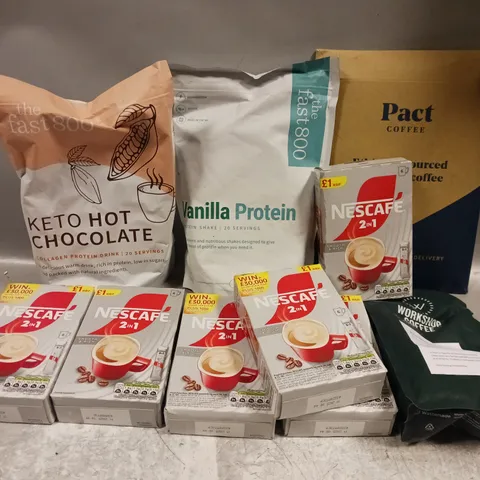 APPROXIMATELY 10 ASSORTED FOOD & DRINK ITEMS TO INCLUDE THE FAST 800 VANILLA PROTEIN SHAKE, KETO HOT CHOCOLATE, PACT COFFEE, ETC