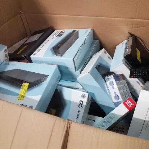 PALLET OF 4 BOXES CONTAINING ASSORTED ELECTRICAL PRODUCTS INCLUDING HDMI DVD PLAYERS, CANON PIXMA TS5150 PRINTER, UNIVERSAL TV REMOTES & WIRELESS EARBUDS 