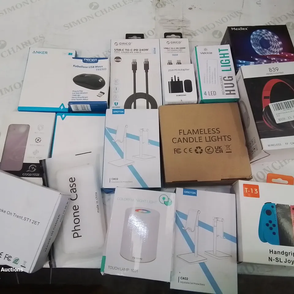 BOX CONTAINING LARGE AMOUNT OF MIXED BOXED ELECTRICAL ITEMS PHONE ACCESSORIES LIGHTING ETC.