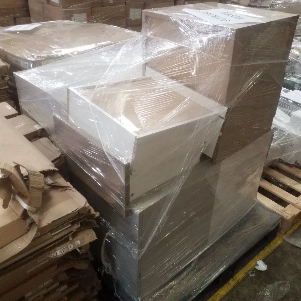 PALLET CONTAINING 3 BEDSIDE TABLES, 3 DRAW CHEST OF DRAWS & LOOSE DRAWS