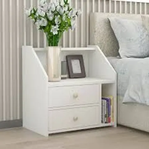 BOXED WHITE BEDSIDE TABLE WITH 2 DRAWERS & SHELVES -WHITE-
