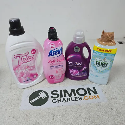 APPROXIMATELY 8 ASSORTED LARGE LIQUIDS TO INCLUDE FAIRY FABRIC SOFTENER, TALCO LAUNDRY DETERGENT, DYLON COLOUR DETERGENT BLOSSOM, ETC - COLLECTION ONLY