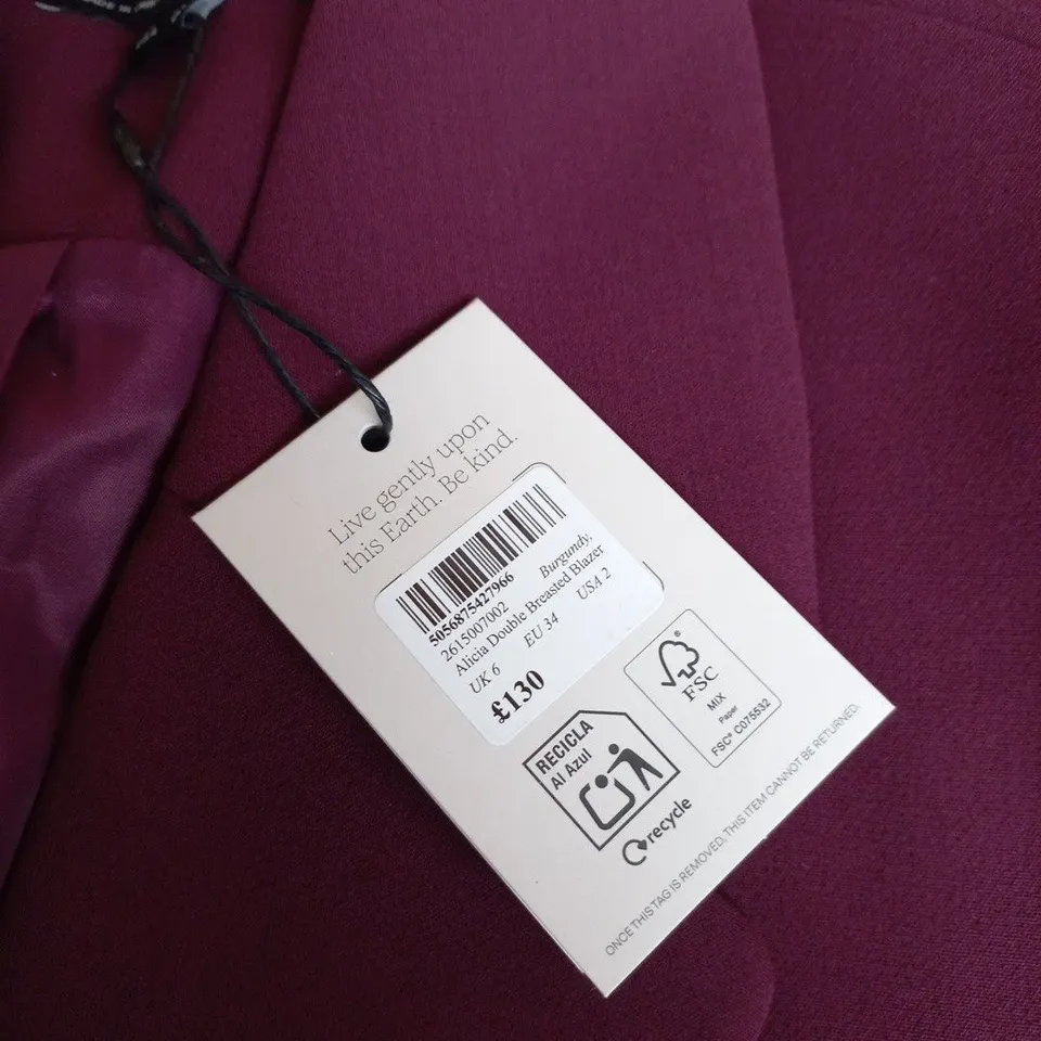 NOBODY'S CHILD WOMEN'S PURPLE DOUBLE-BREASTED BLAZER – UK 6 (EU 34, USA 2)
