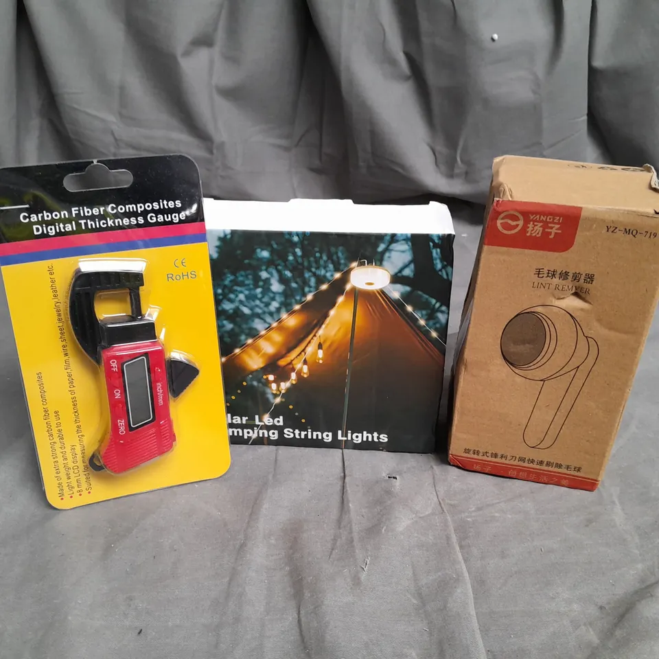 13 ASSORTED HOUSEHOLD ITEMS TO INCLUDE CARON FIBRE COMPOSITES THICKNESS GAUGE, SOLAR LED STRING LIGHTS AND LINT REMOVER