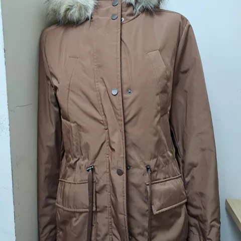M&S PADDED TOFFEE COAT WITH FUR HOOD - SIZE 12