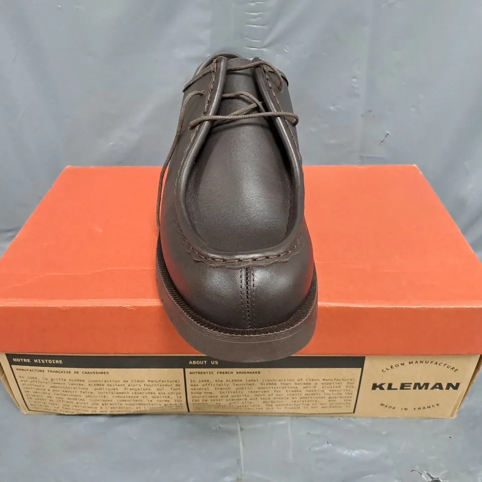 BOXED PAIR OF KLEMAN SHOES IN DARK BROWN SIZE EU 44